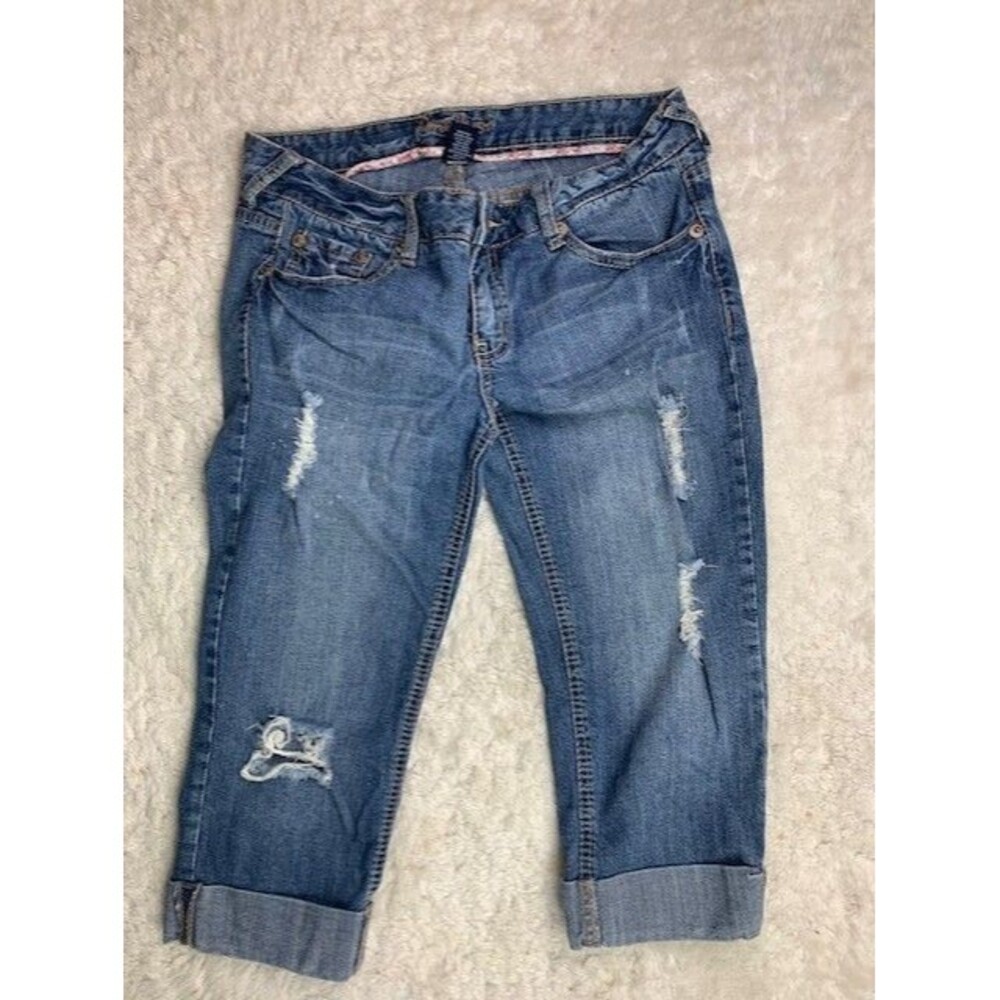 Amethyst Size 7 Wmens Jeans Capri Crop Cuff Hem Distress Low Rise Stretch